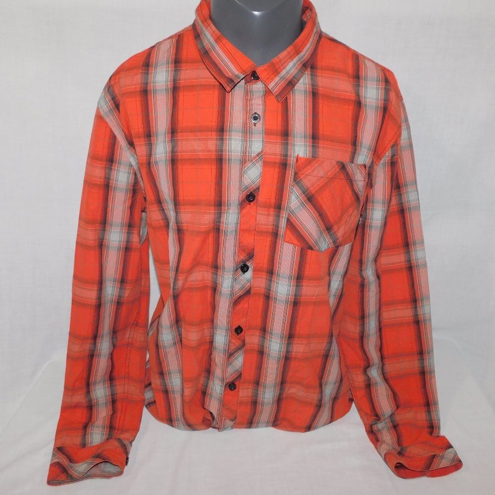 O'Neill Red Gray Black Button Front Plaid Long Sleeve Shirt Mens 2XL XXL